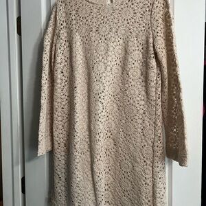 Crochet Long Sleeve Shift Dress in Beige/Cream